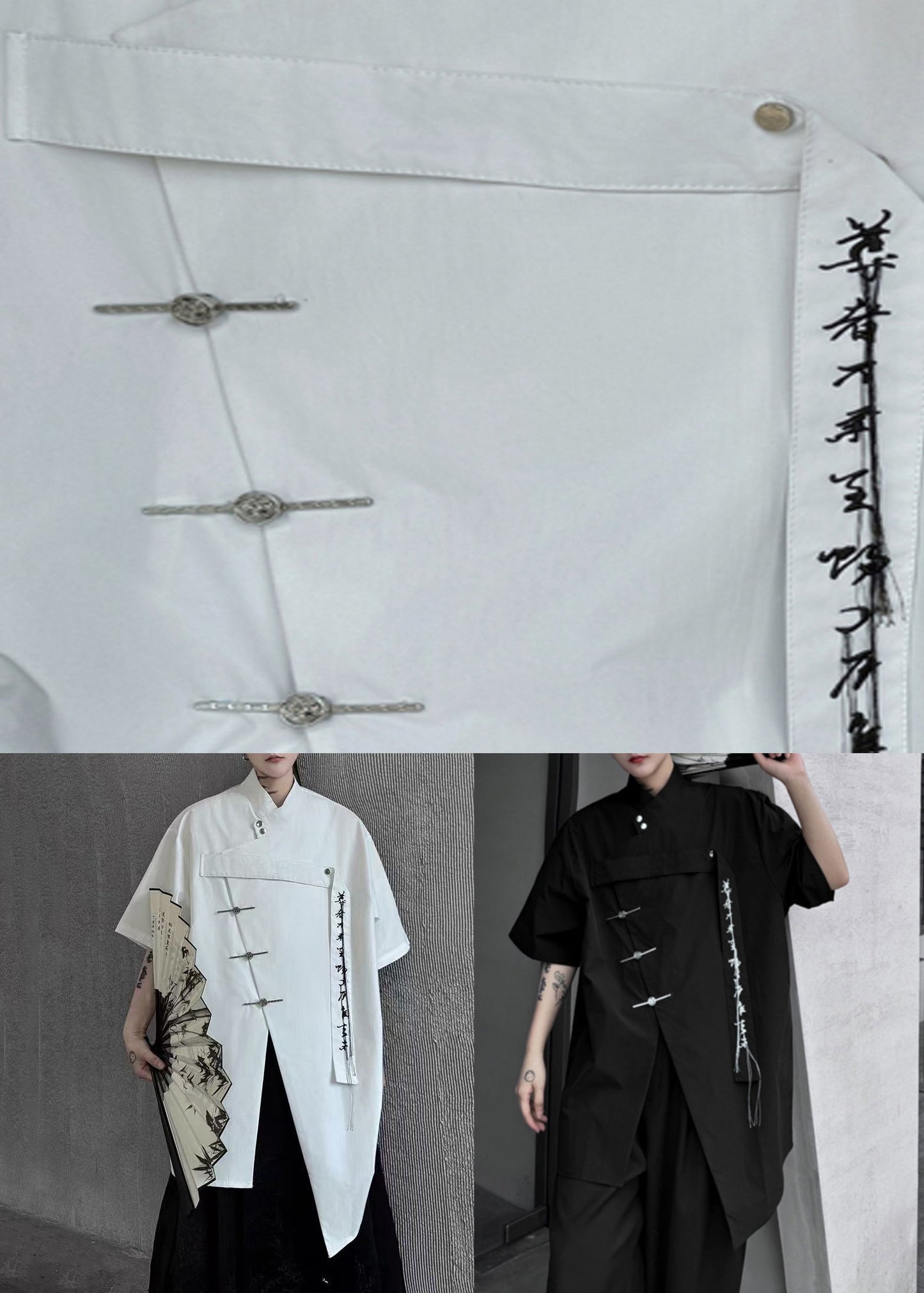 Shirt Men Cotton Black Embroideried Loose Front Open Summer