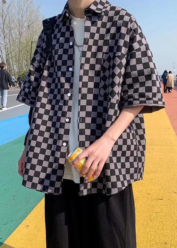 Peter Button Shirts Sleeve Men Collar Half Cotton Pan Plaid Black