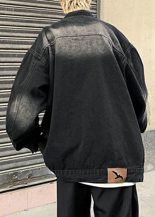 Collar Fall Black Coats Denim Mens Stand Pockets
