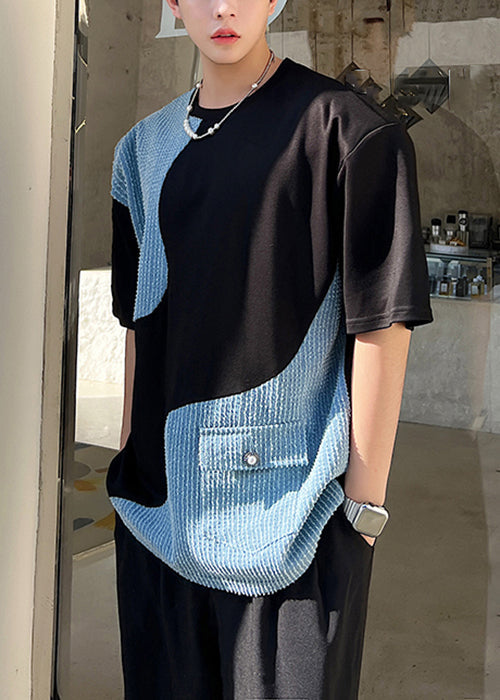 T Summer Pockets Patchwork Denim Black O Shirt Neck Men