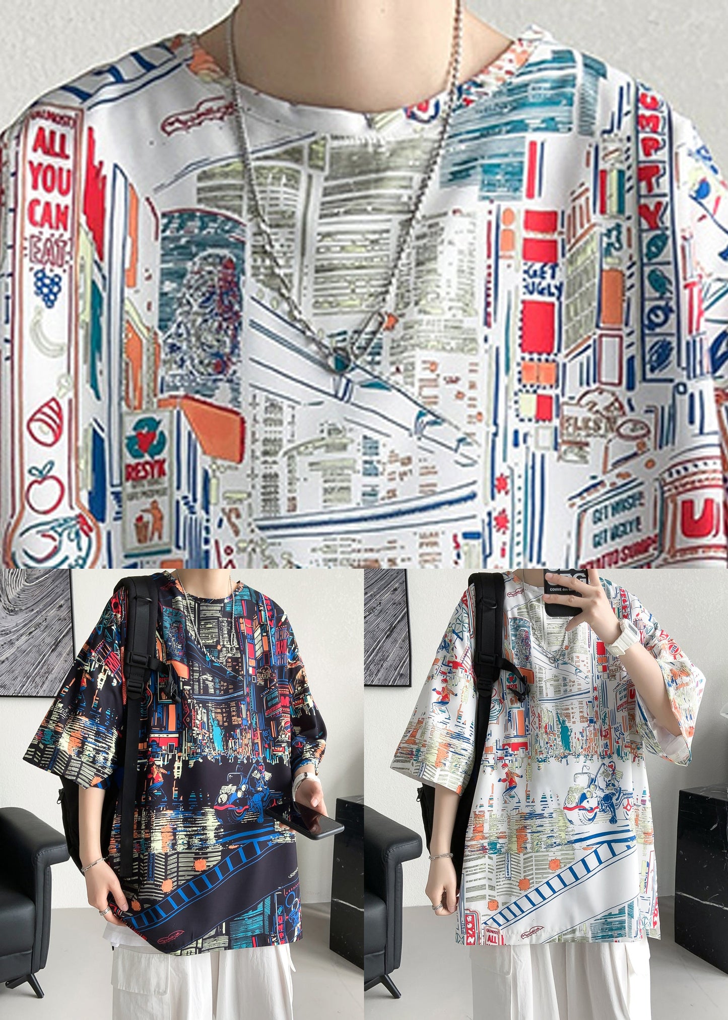 Mens Open Side T Black Shirts Cotton Summer Neck O Print