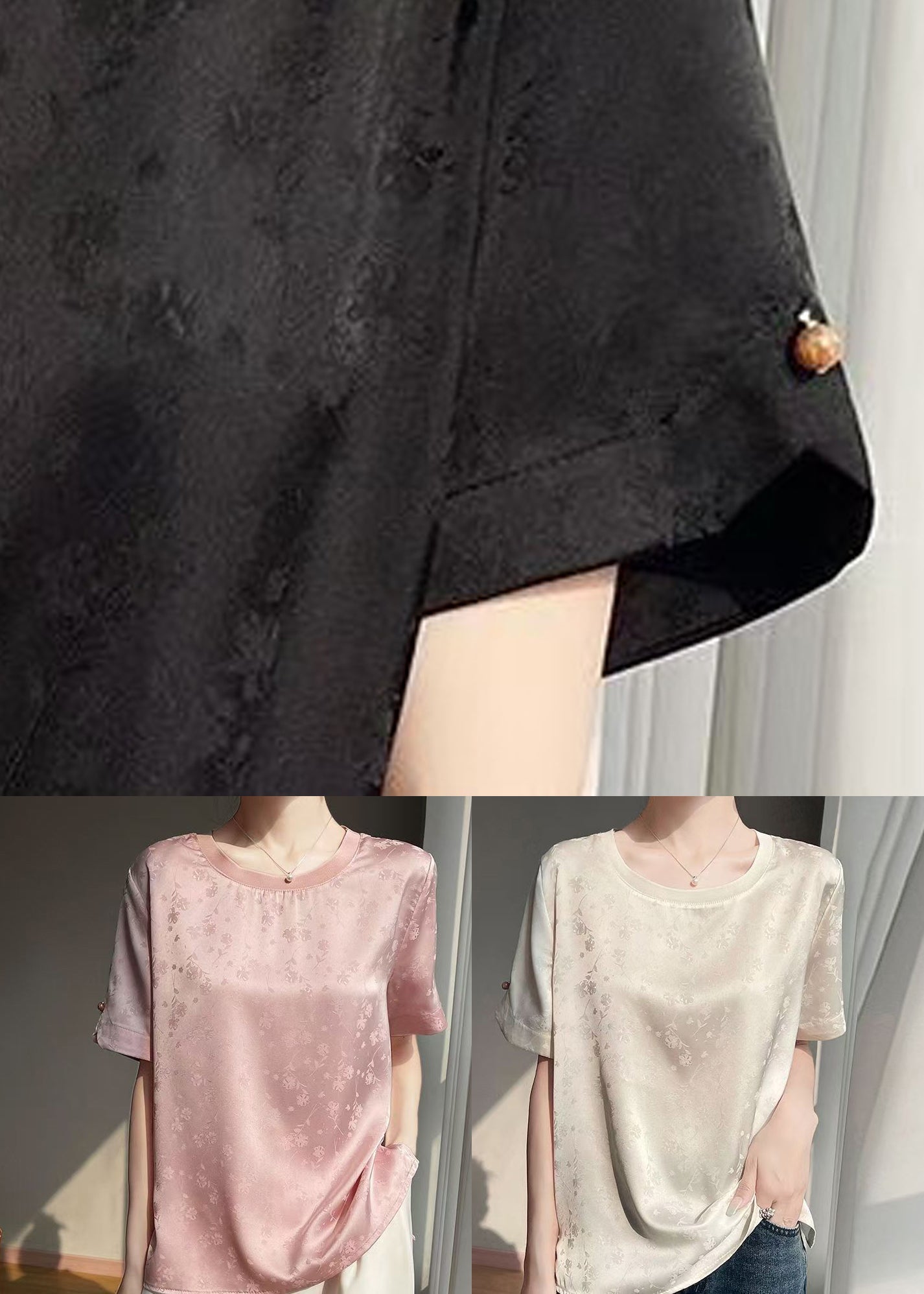 Neck Summer Shirts O Side Open Black Silk
