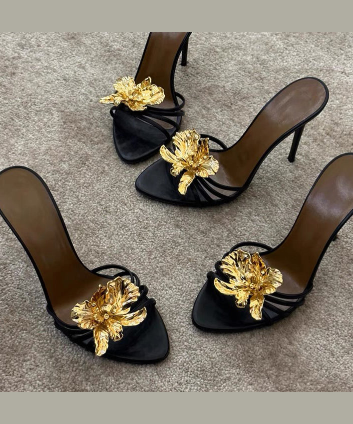 Slide Stiletto Faux Fashion Black Sandals Floral Leather Splicing