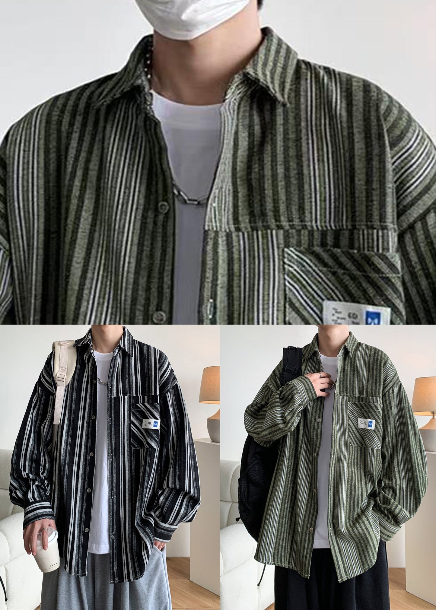 Pan Striped Cotton Collar Shirts Men Peter Oversized Black Spring