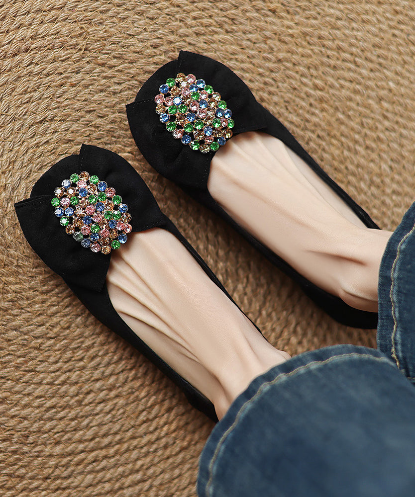 Comfy Zircon Penny Suede Bow Black Loafers Splicing