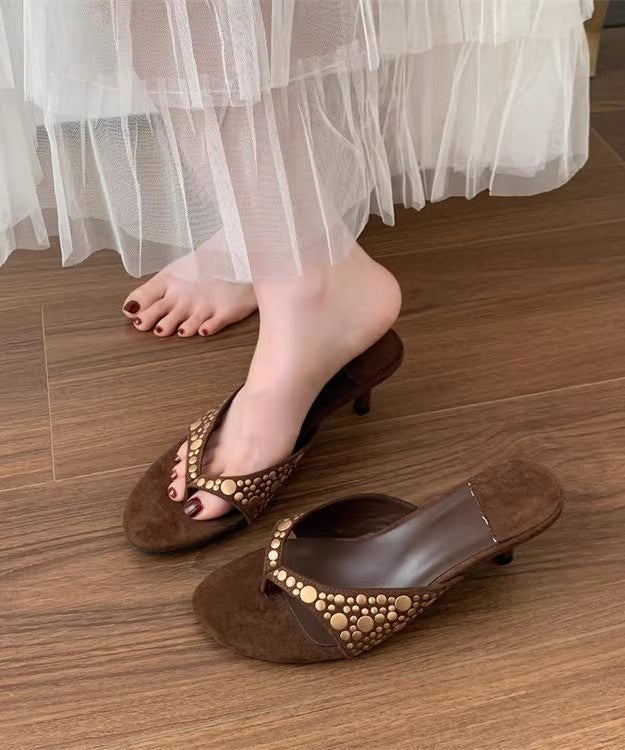 Flip Suede Splicing Flops Black High Rivet Heel