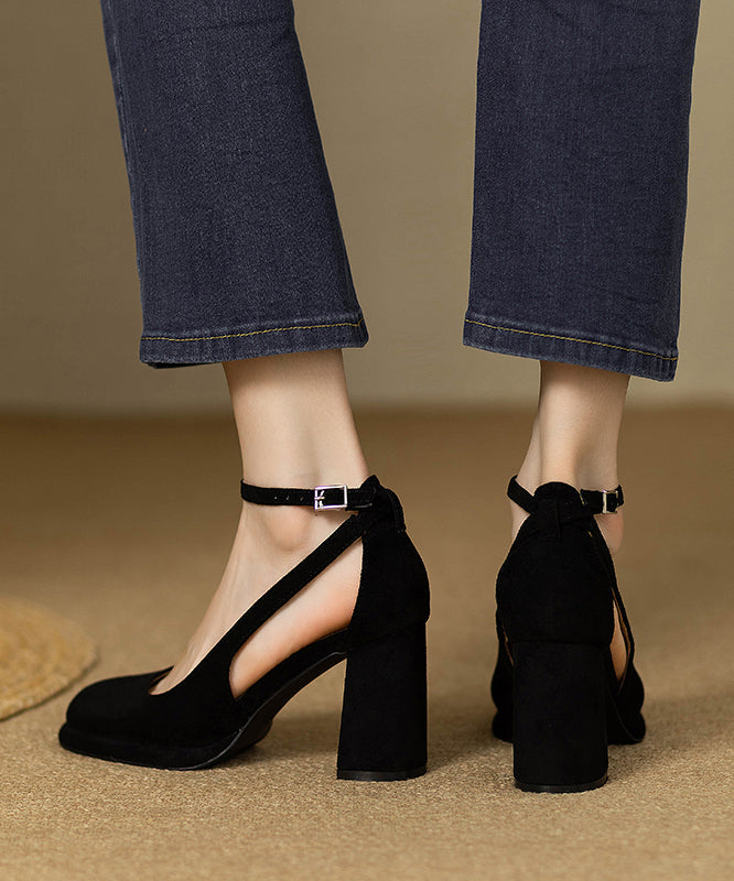 Splicing Out Chunky Heel Strap Buckle Suede Hollow Black Sandals