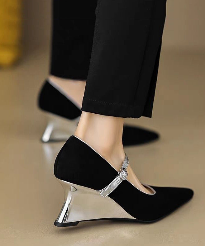Heels Fitted Strap Suede Wedge Splicing Shoes Buckle Black