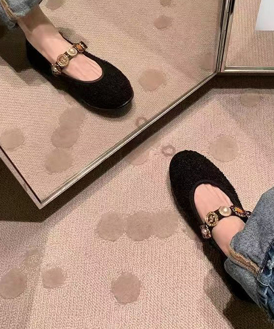 Strap Shoes Splicing Flat Black Woolen Women Buckle
