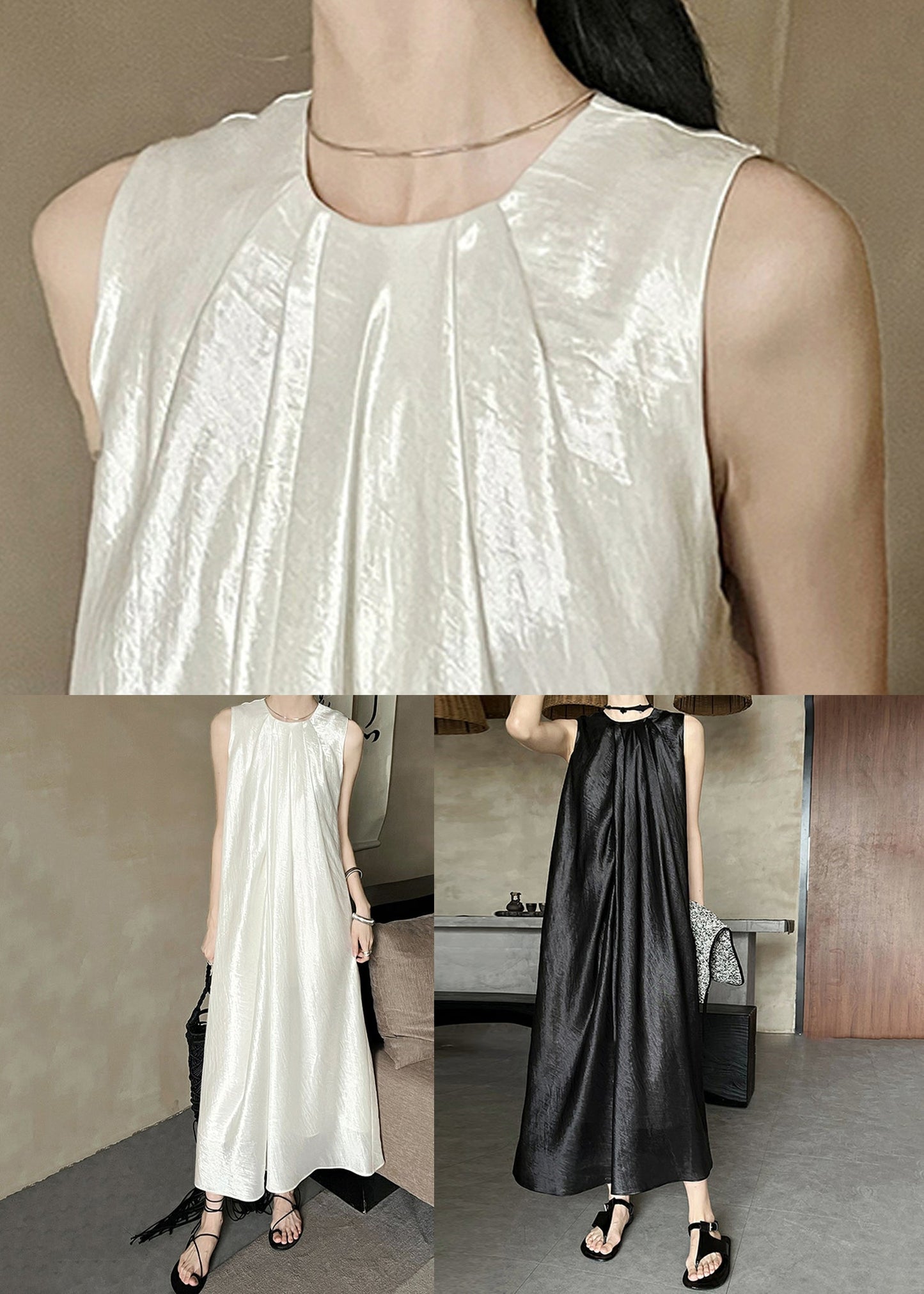 Summer Neck Dress Wrinkled O Silk Long Black