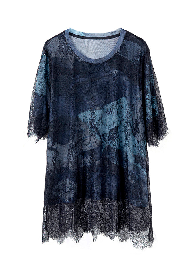 Out Black Lace Summer Blue 2025 Patchwork T-Shirt Hollow