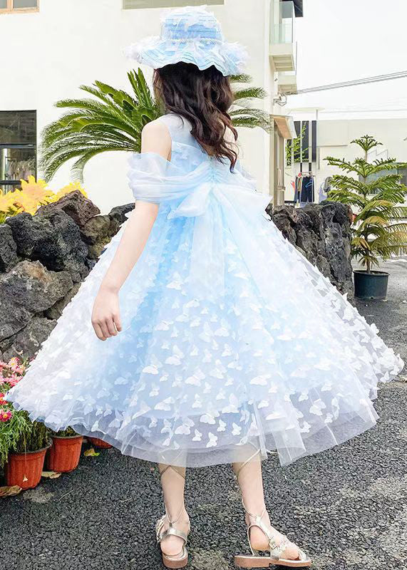 Blue Cold Shoulder Solid Tulle Girls Summer Long Dress Butterfly TT034