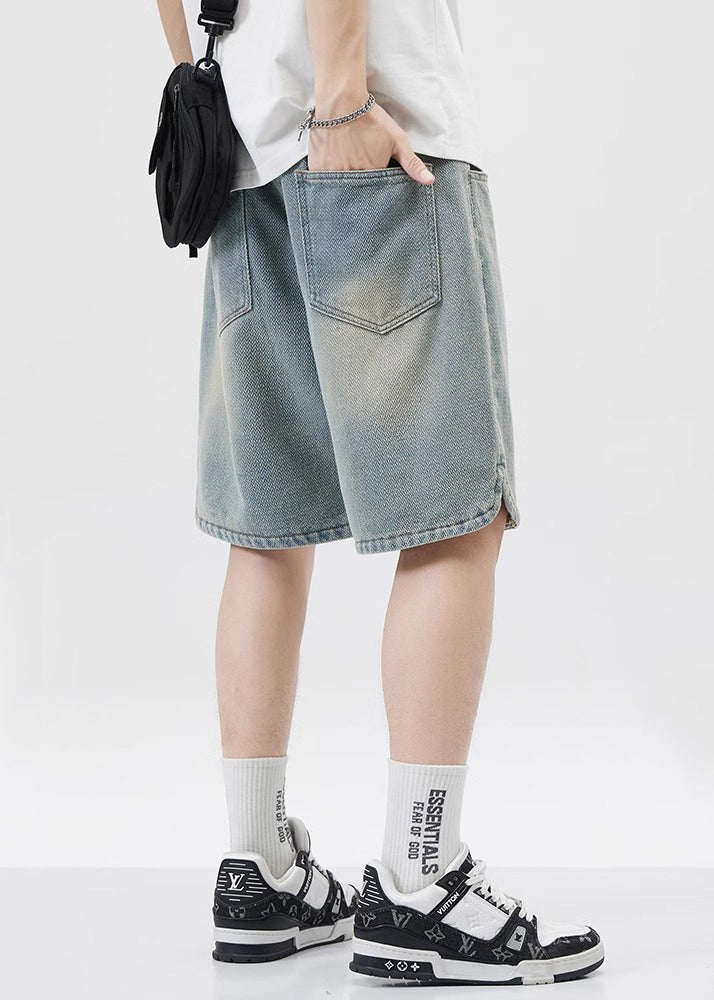 Blue Lace Up Elastic Waist Denim Men Shorts Pockets Summer YL033