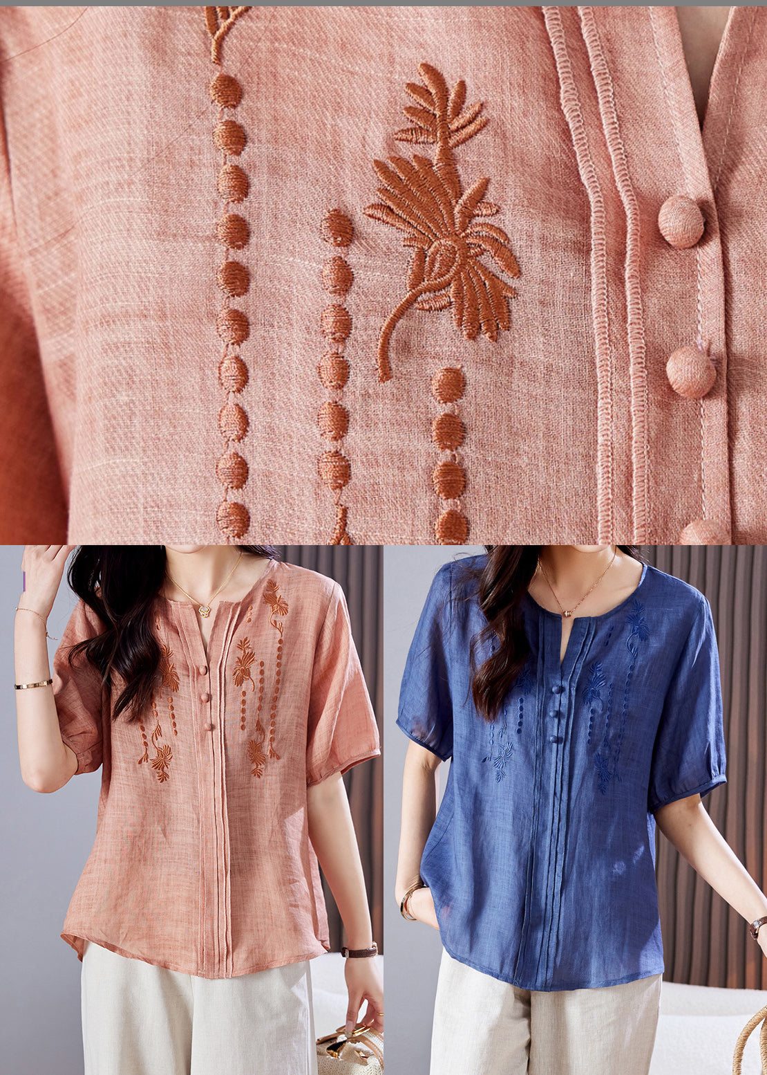 Embroidered Linen Wrinkled Summer Top Blue