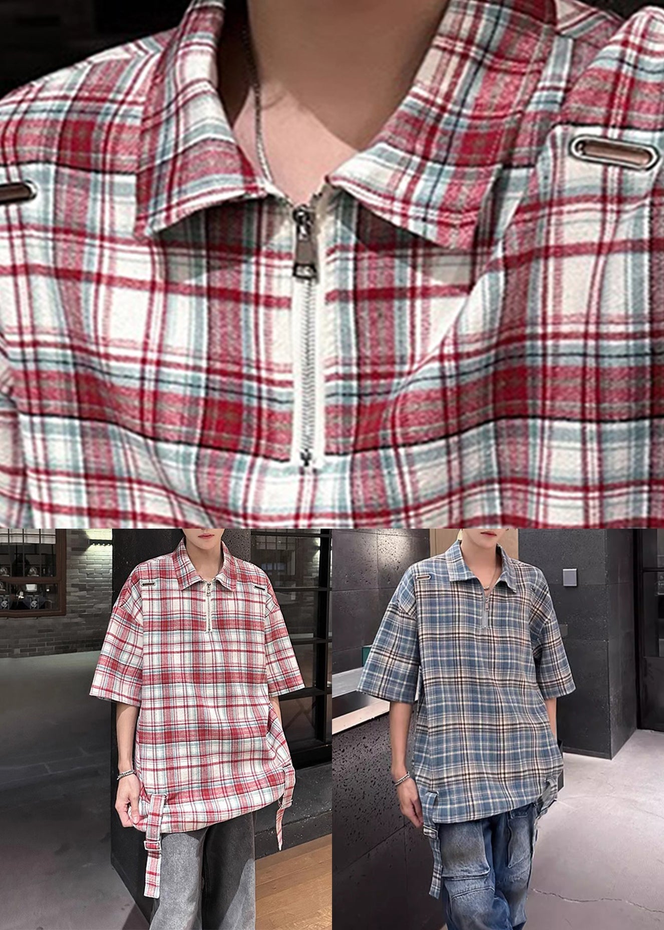 Cotton Plaid Up Zip Collar Pan Men Blue Peter Shirts Summer