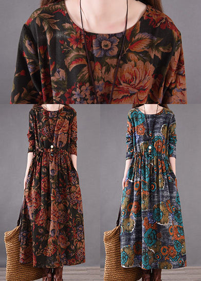 Fit Cinched Long Print Silm Blue Spring Dresses