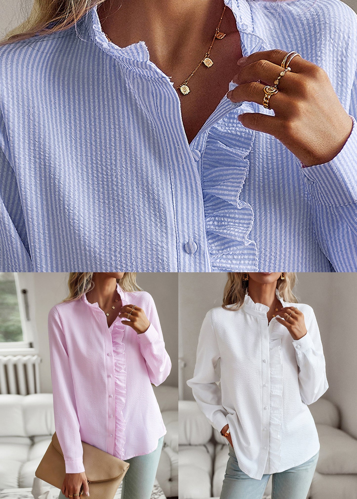 Ruffled Puff Patchwork Shirt Blue Solid Sleeve
