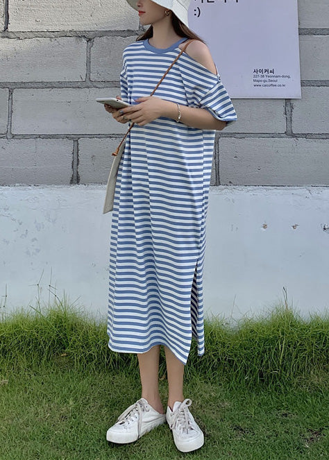 Shoulder Blue Cold Robe Striped Cotton Summer Dresses