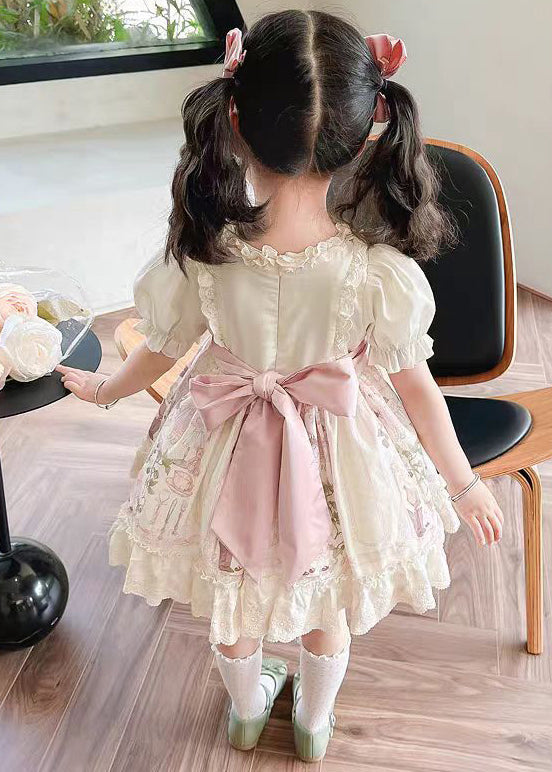 Bohemian Beige Ruffled Print Lace Up Cotton Girls Dresses Summer TT006