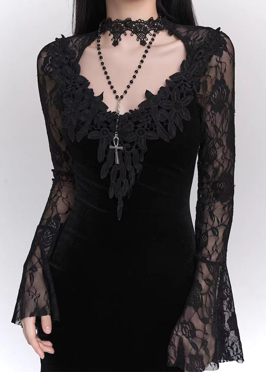 Bohemian Black Hollow Out Lace Patchwork Silk Velvet Maxi Dresses Flare Sleeve YT034