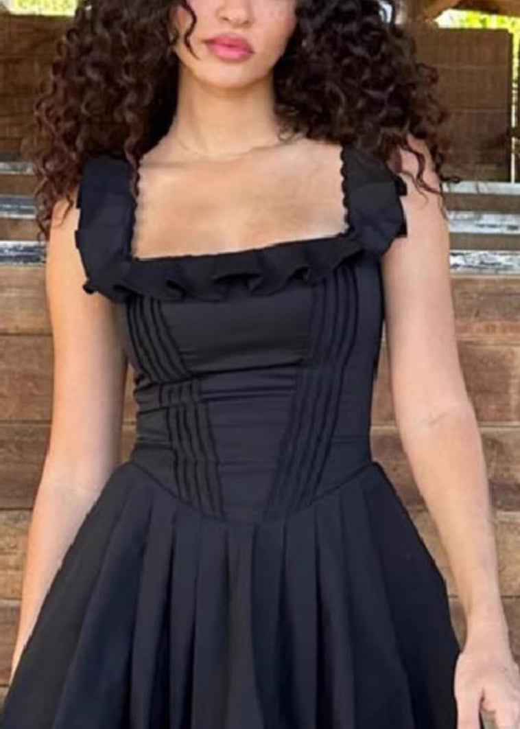 Bohemian Black Ruffled Solid Cotton Mid Dress Sleeveless YT007