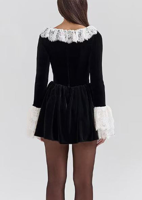 Bohemian Black Square Collar Lace Patchwork Silk Velvet Mid Dress Spring YZ072