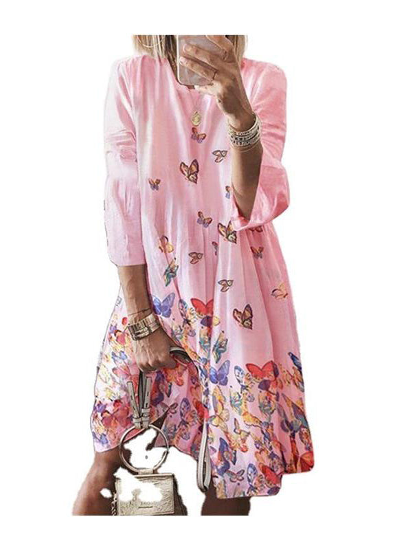 Blue Summer Bohemian Dress O Mid Print Neck Butterfly Cotton