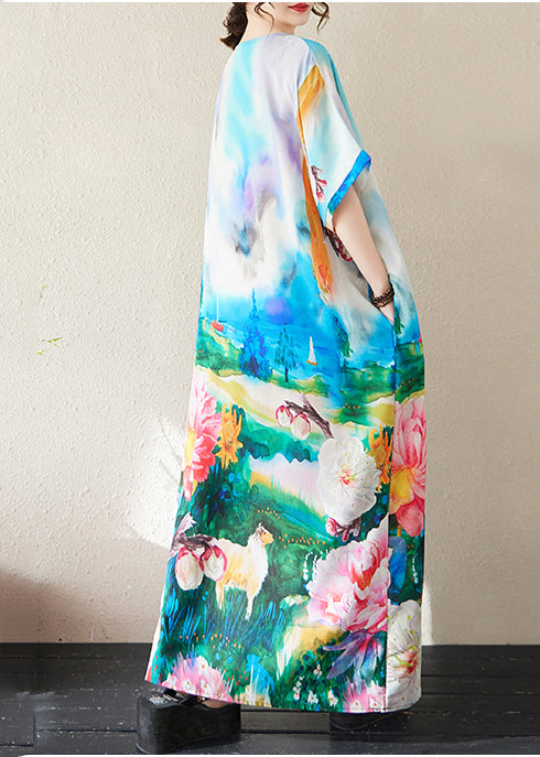 Blue Summer Cotton Maxi Dresses Oversized Bohemian Tie Dye