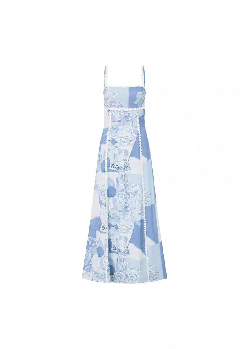Summer Spaghetti Print Patchwork Strap Long Dress Bohemian Blue