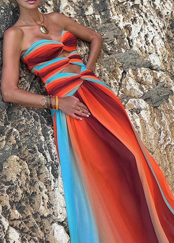Bohemian Strapless Color Exra Gradient Large Chiffon Hem Dress