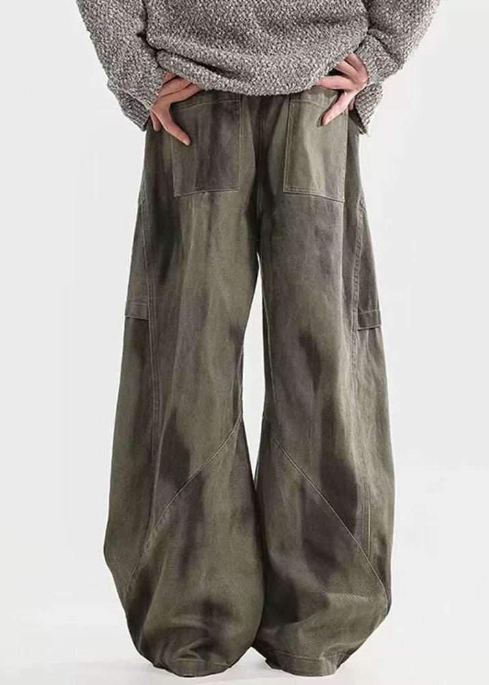Green Bohemian Tie Dye Waist Wrinkled Pants Cotton Elastic Men