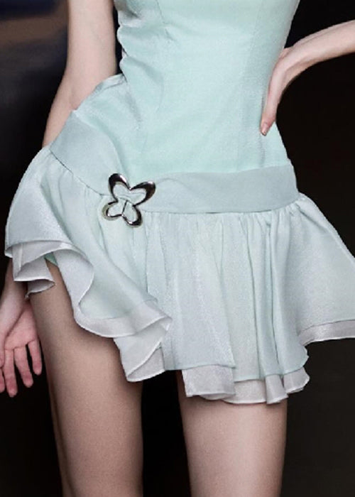 Bohemian Green V Neck Zippered Patchwork Cotton Spaghetti Strap Dress Sleeveless YZ033