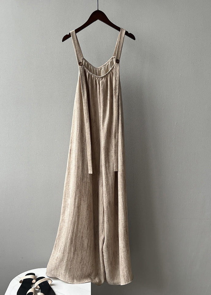 Khaki Solid Pockets Summer Bohemian Jumpsuits Light