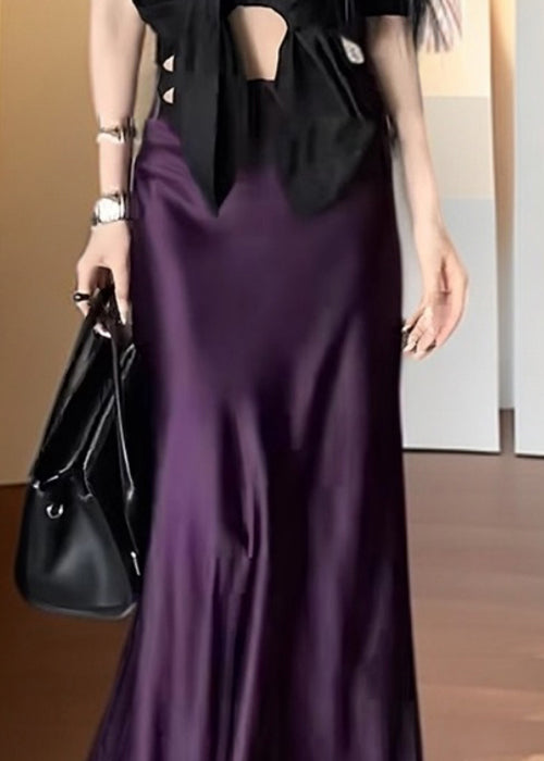 High Solid Waist Silk Purple Summer Skirts Bohemian