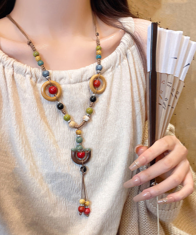 Nylon Necklace Rope Rainbow Beads Pendant Ceramic Bohemian