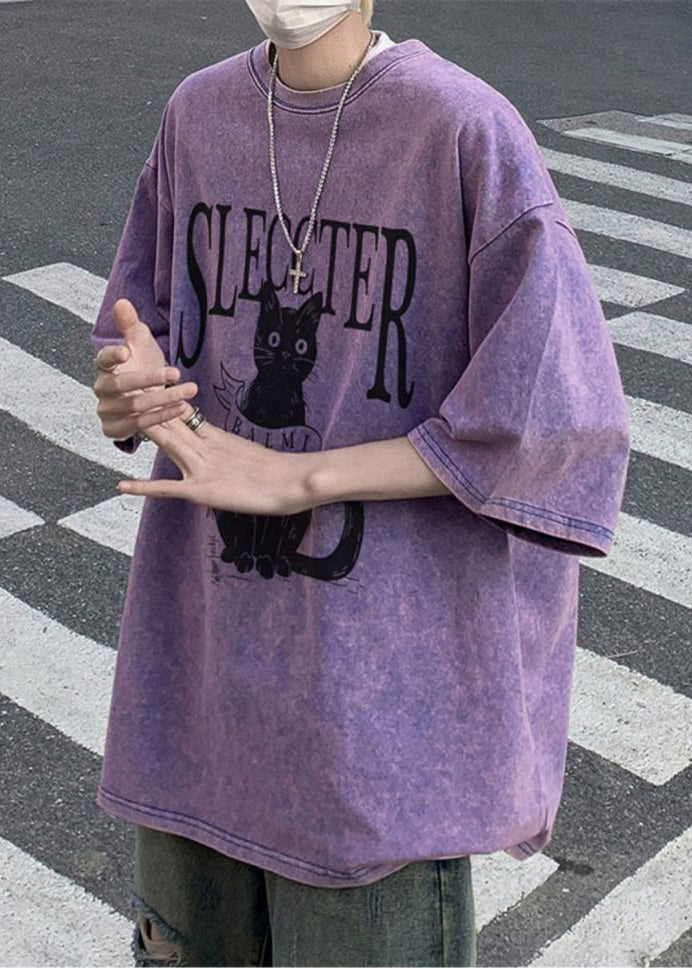 Bohemian T Half Cats Mens Letter Oversized Shirt Cotton Rose