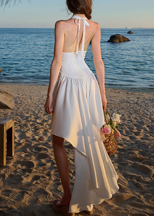 Sleeveless Dress White Vacation Bohemian Design High Low Backless