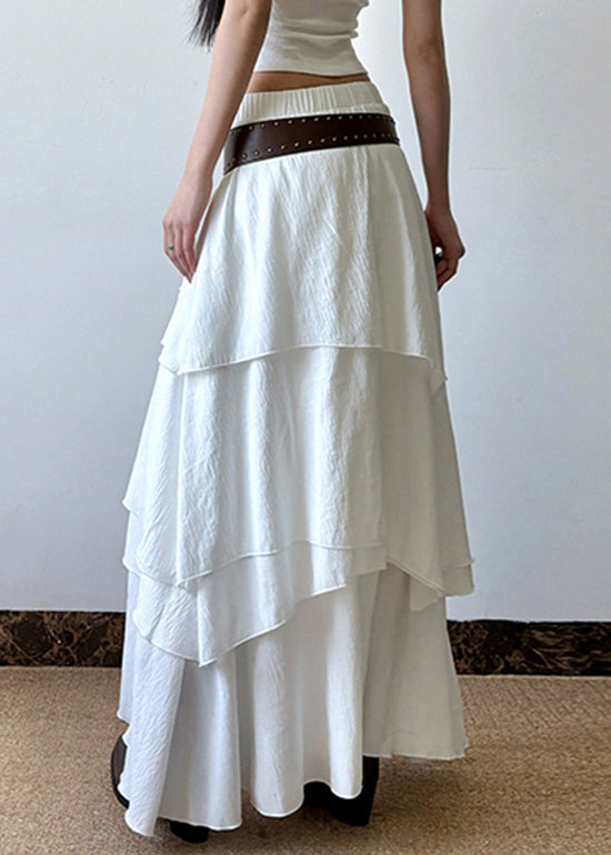 Cotton Elastic Summer Skirts Solid Waist Bohemian White Layered