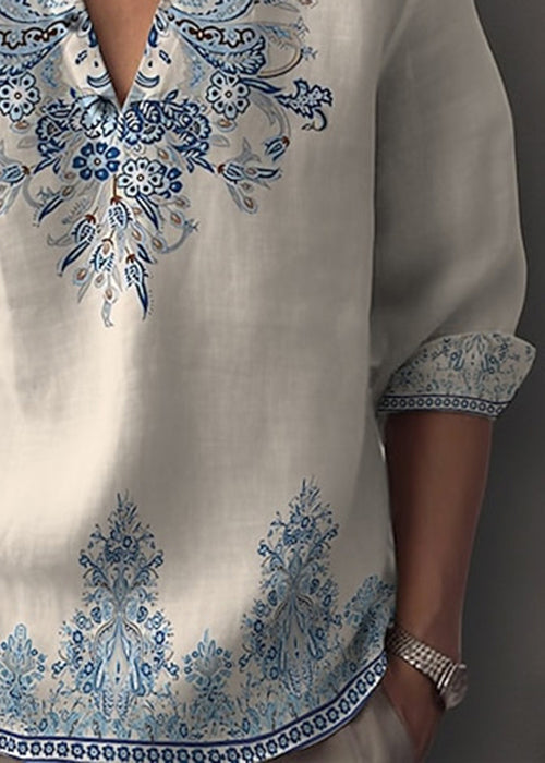 White Print Half V Shirts Oversized Neck T Bohemian Cotton Men's