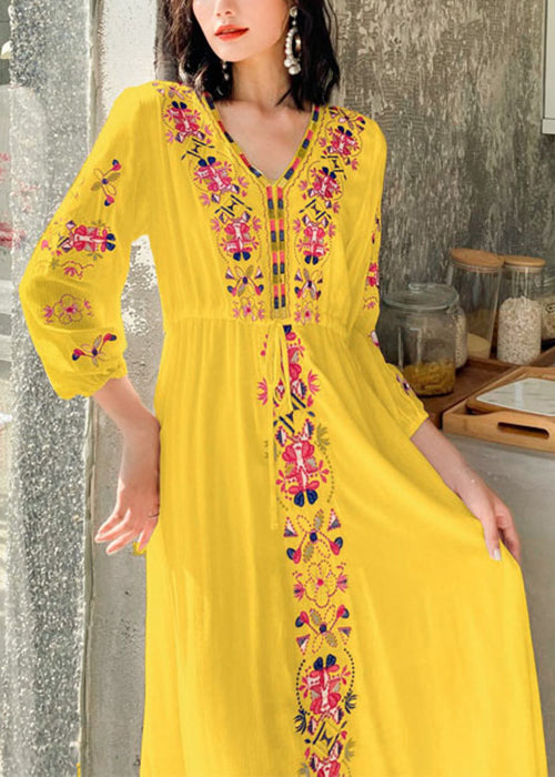 Waist Cotton Yellow Dresses Bohemian Embroidered Vacation Tie