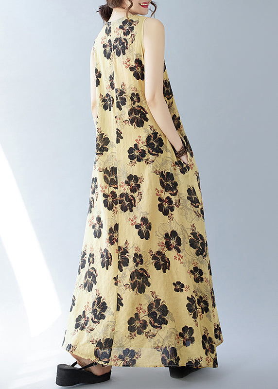 Yellow Dresses Sleeveless Cotton Bohemian Print Oversized
