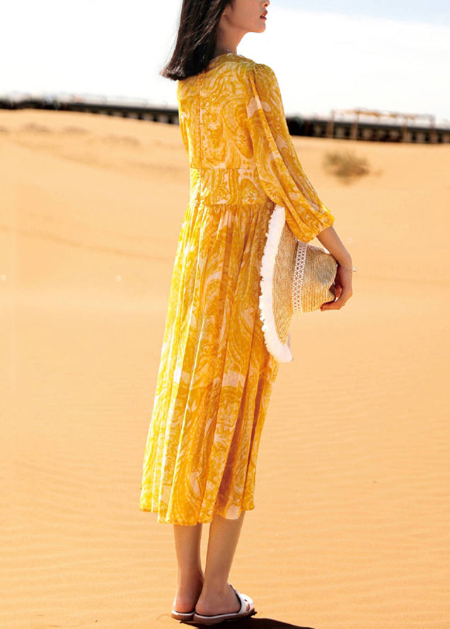Print V Fall Dresses Yellow Chiffon Bohemian Neck Long