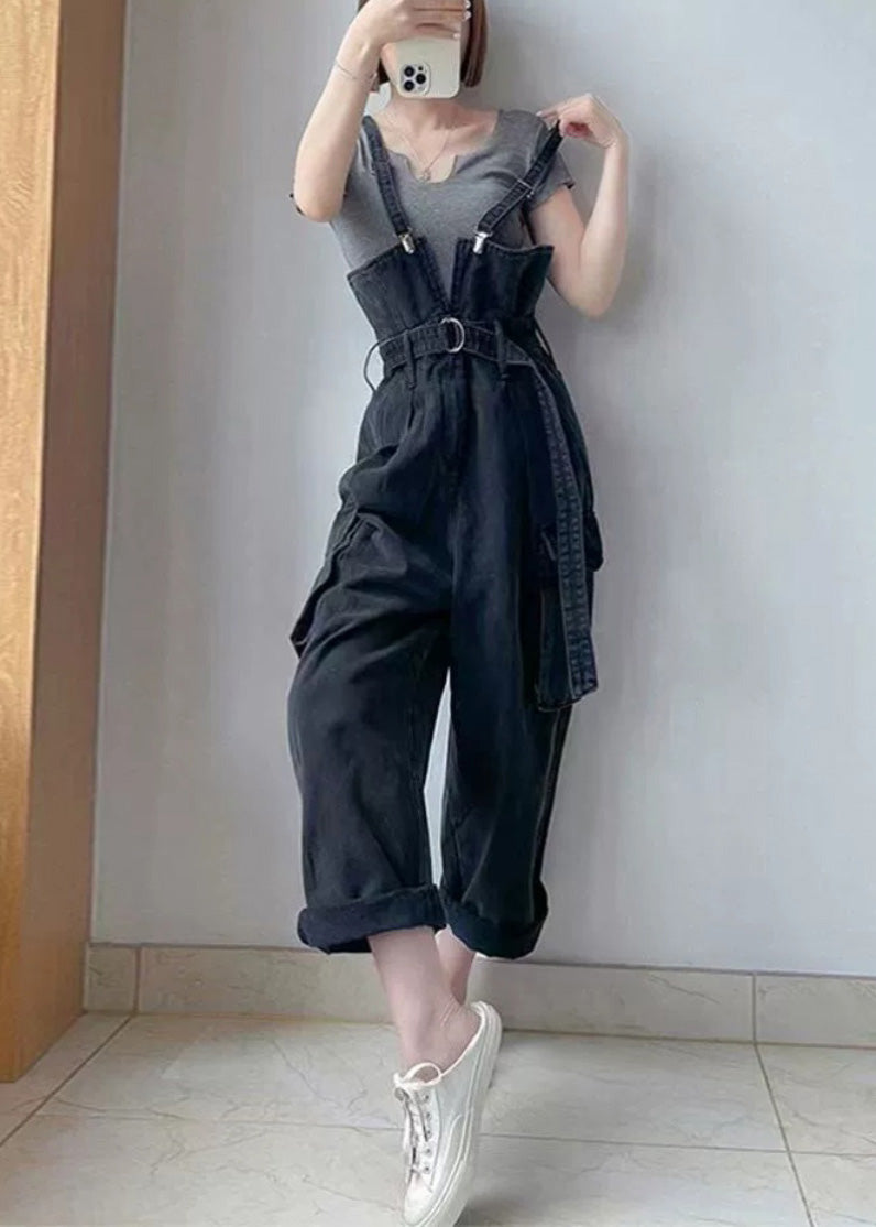 Summer Denim Pockets Black Jumpsuit Tunic Overalls Boho