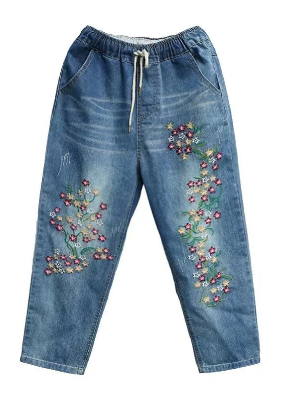 Embroidered Pants Blue Summer Crop Denim Boho