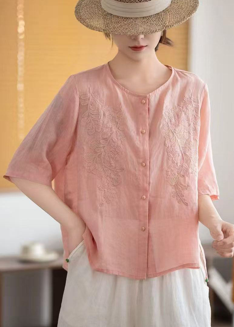 Half Grey Sleeve Boho Linen Embroidered Tops