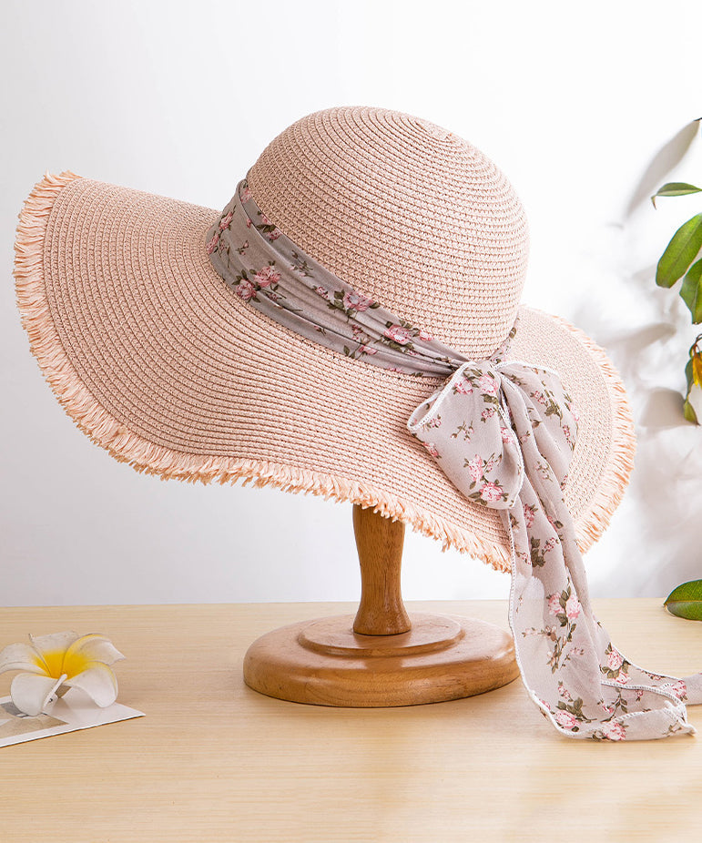 Boho Khaki Sun Bow Floppy Hat Big Woven Side Straw