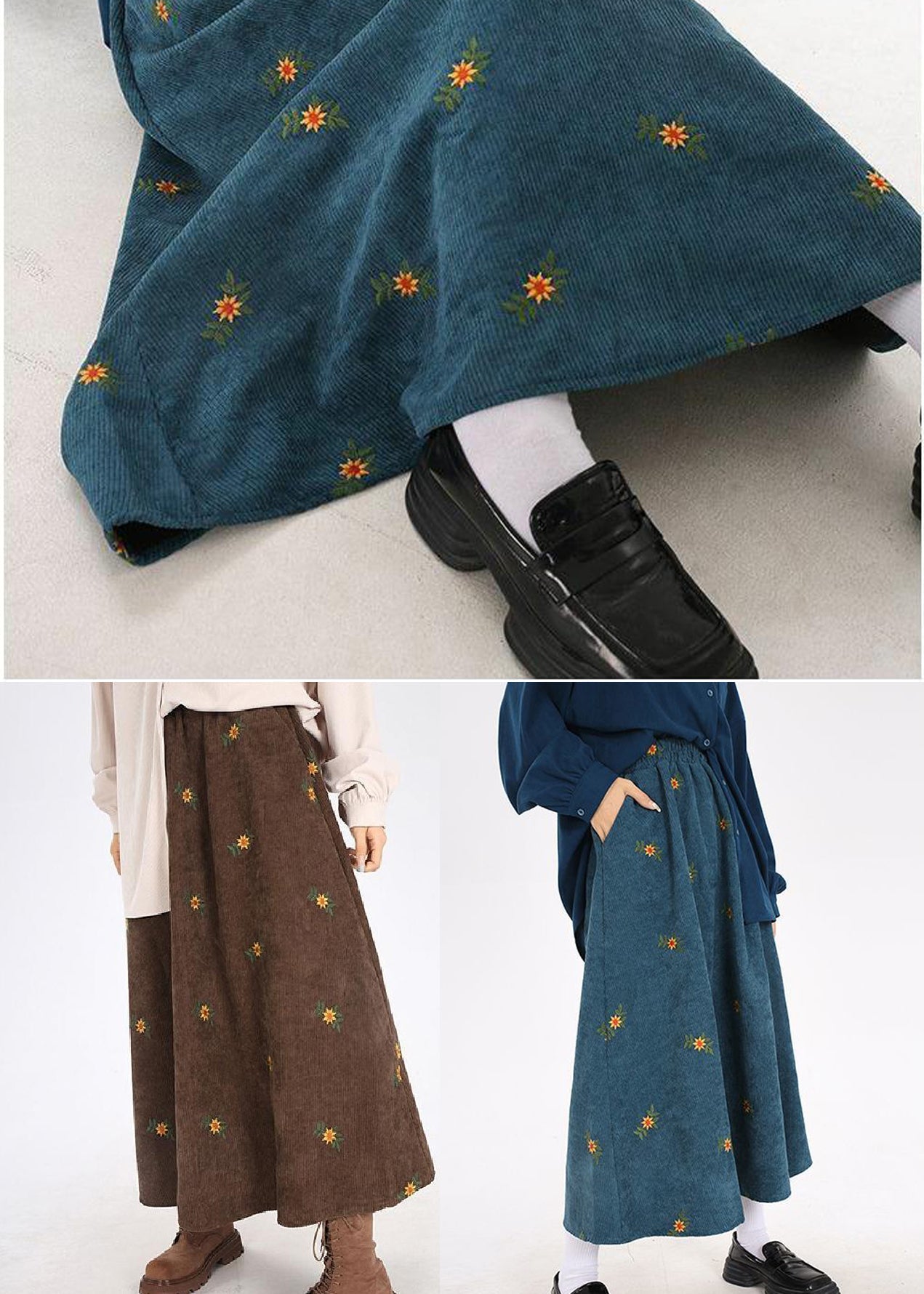 Boho Peacock Blue Embroidered Corduroy Skirts Spring YO11