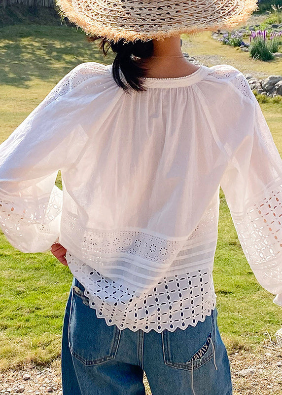 Out Shirt Up White Sleeve Butterfly Hollow Lace Boho Cotton