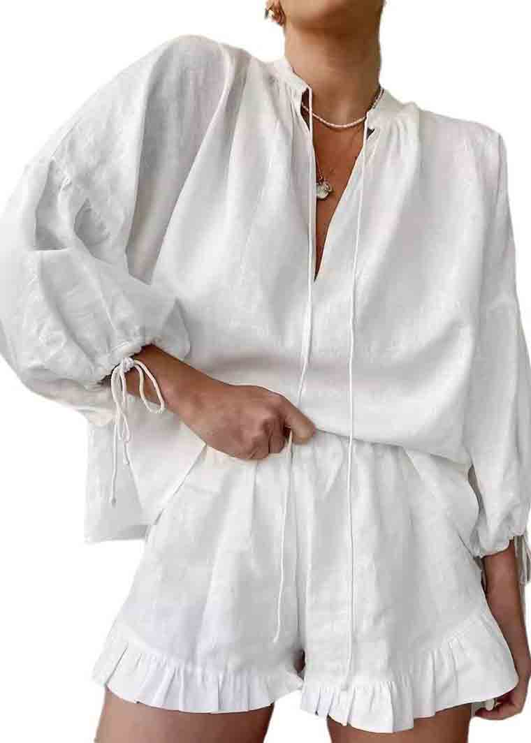 Summer White Pieces Boho Sets Oversized Ruffled Cotton 2 Women