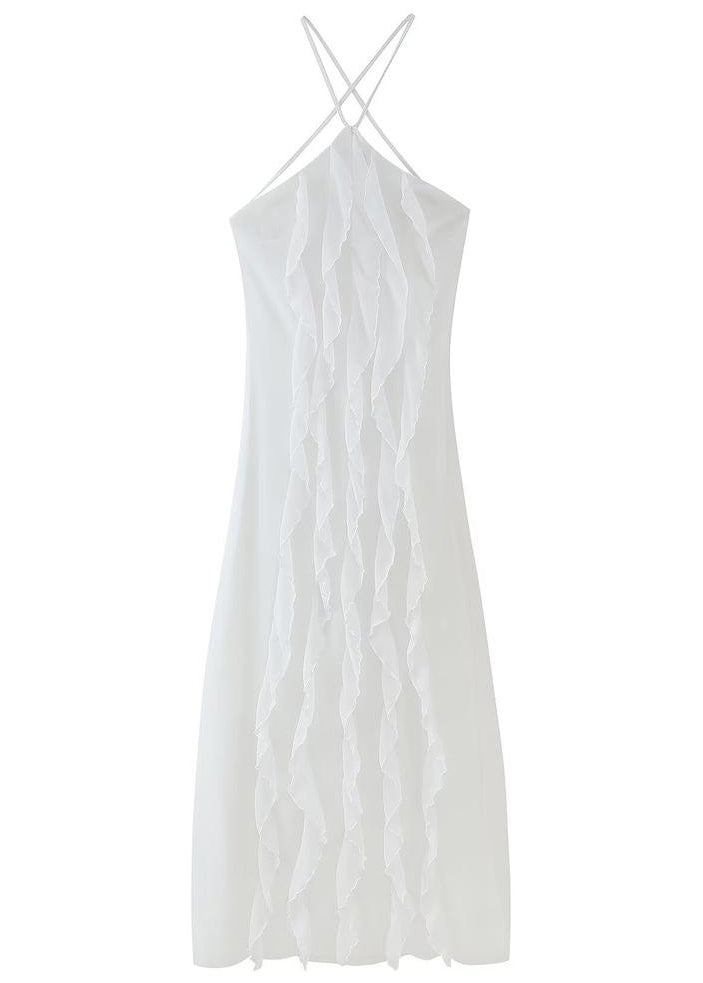 Ruffled White Up Lace Backless Maxi Chiffon Sleeveless Boho Dress